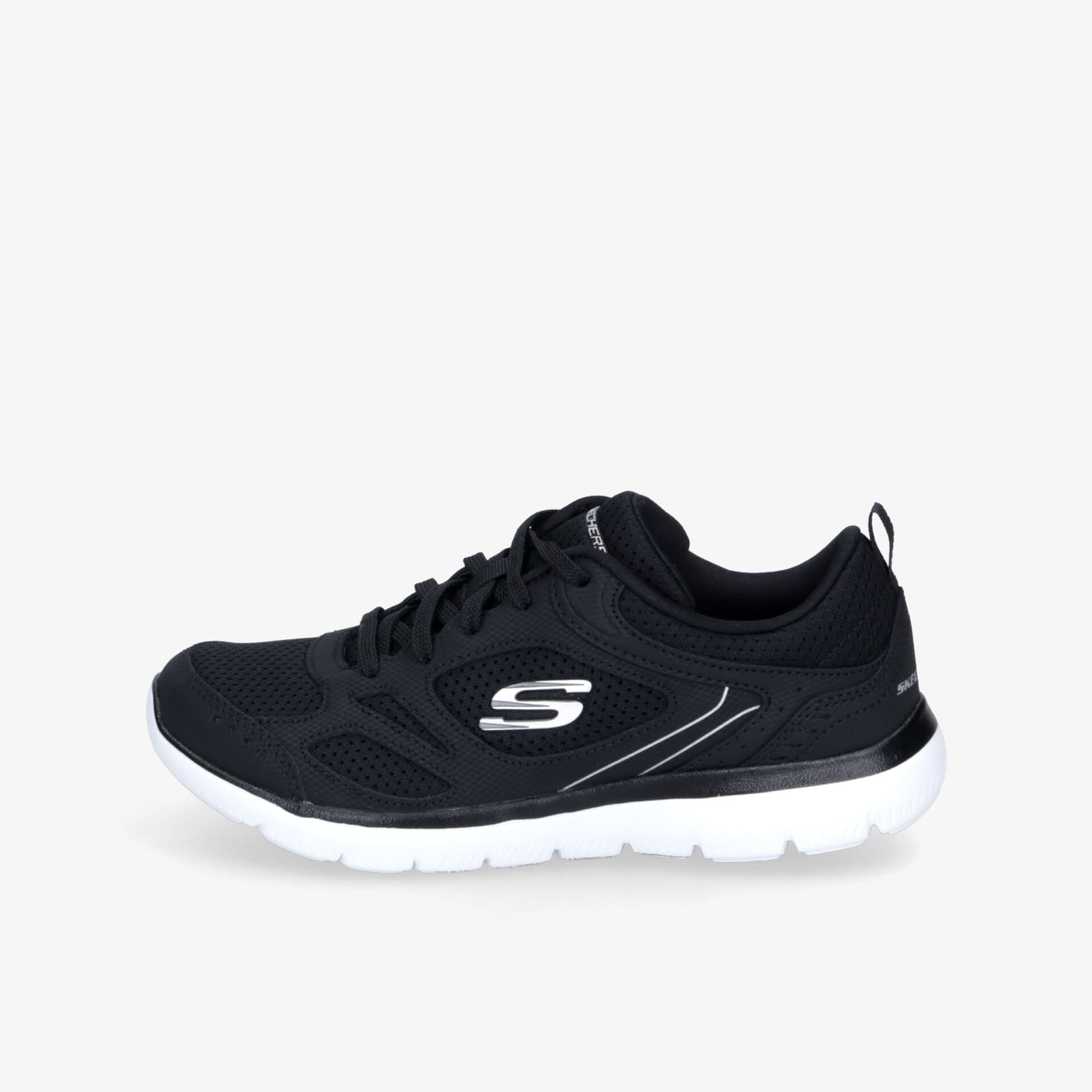 Leichter schwarzer Sportschuh mit weißer Sohle, flexibel und atmungsaktiv, ideal für sportliche Aktivitäten und Alltag