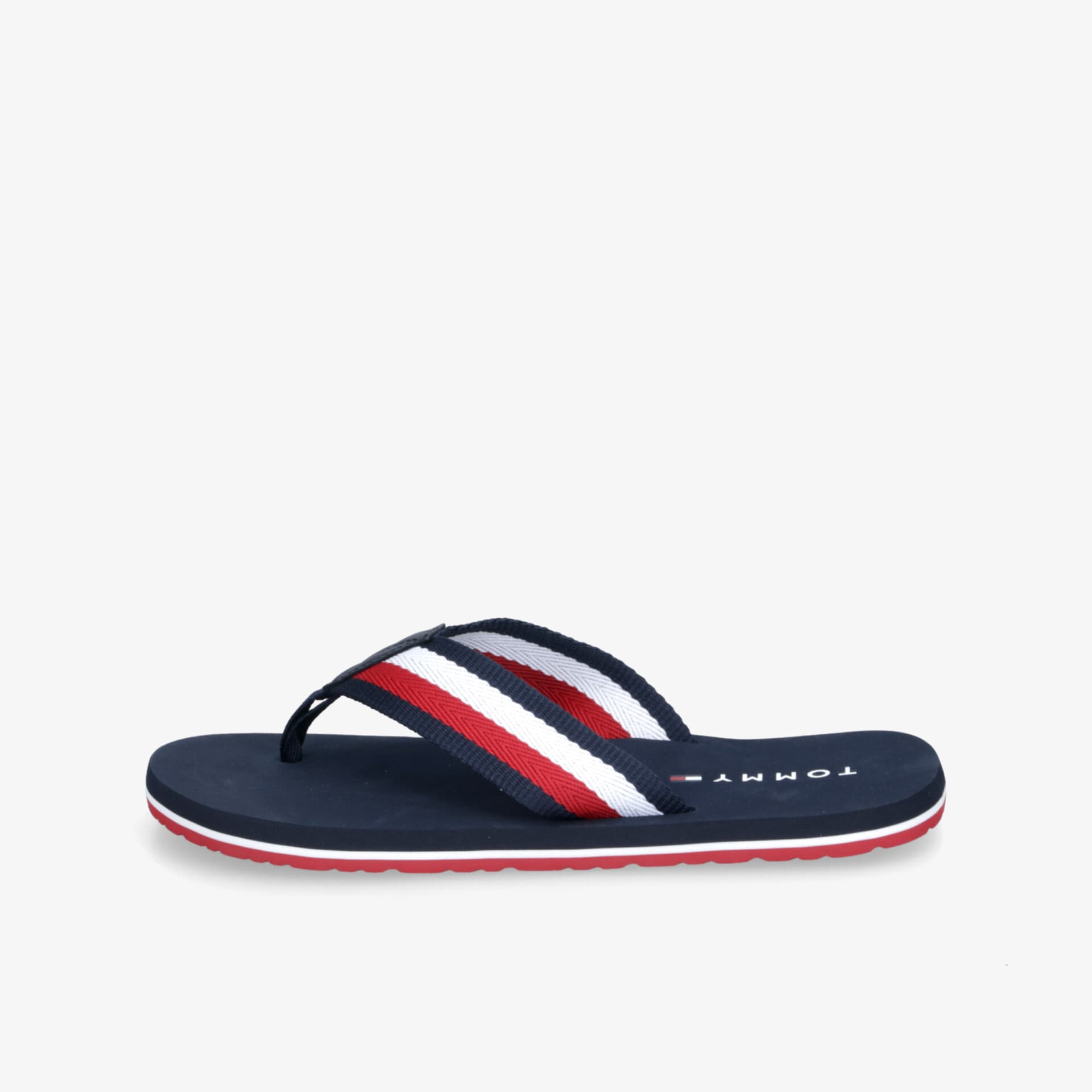 Bequemer Flipflop mit rot-weiß-blauen Streifen, leichter Schuh für Freizeit und Sport, robuste Gummisohle