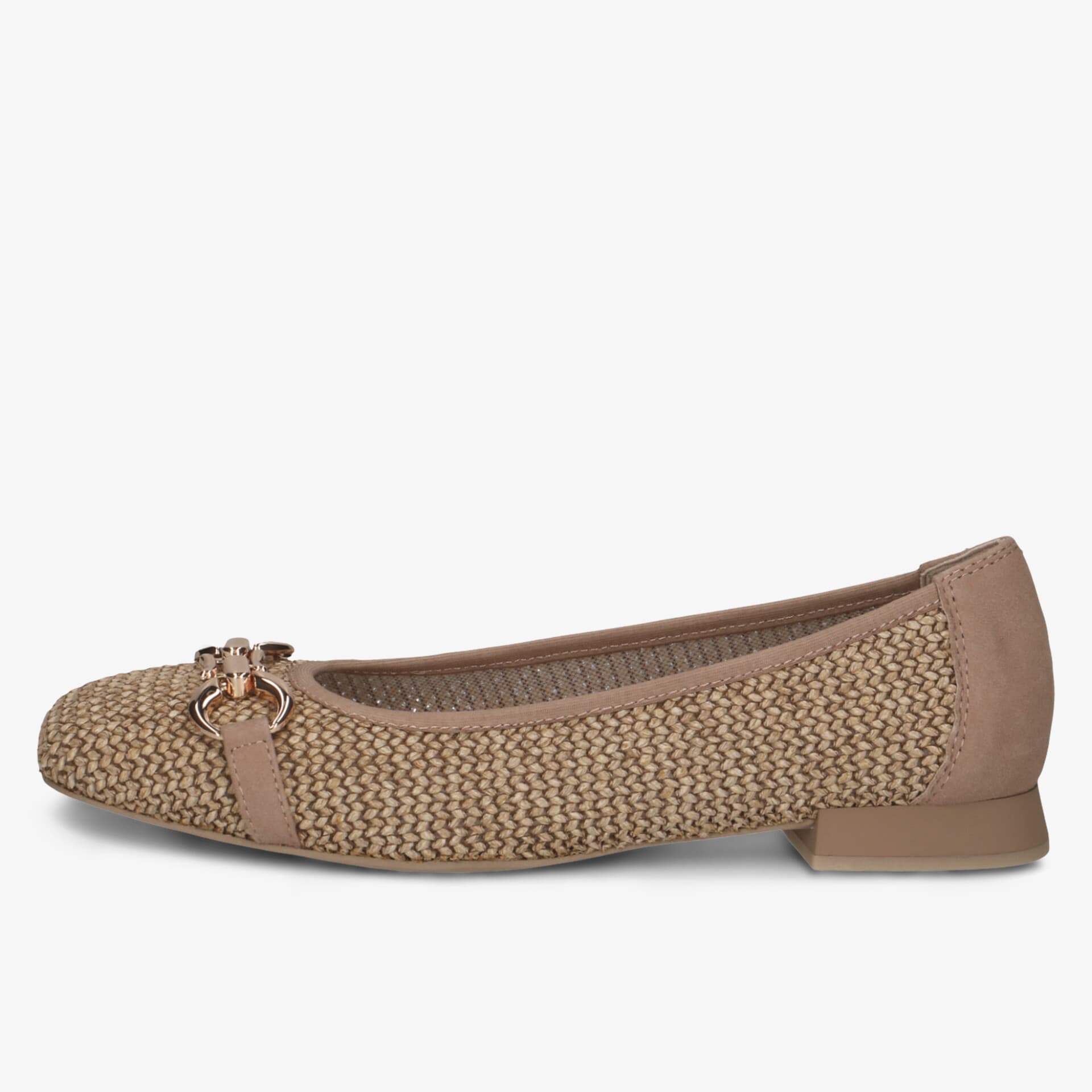 Beiger flacher Ballerina mit geflochtenem Obermaterial und dekorativer Schleife, seitliche Ansicht