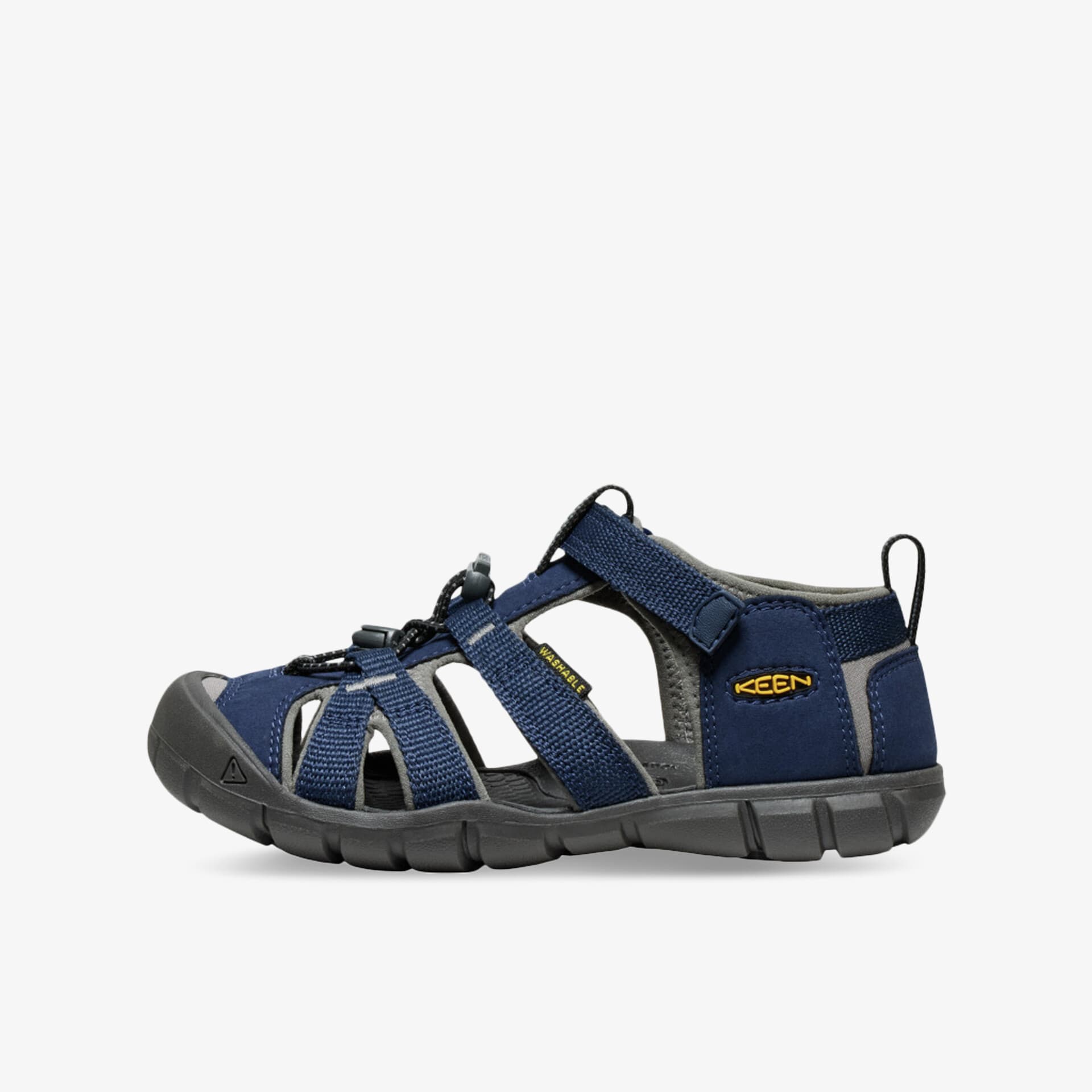 Robuster blauer Outdoor-Schuh mit geschlossener Zehenkappe, atmungsaktiv und rutschfester Sohle, seitliche Ansicht