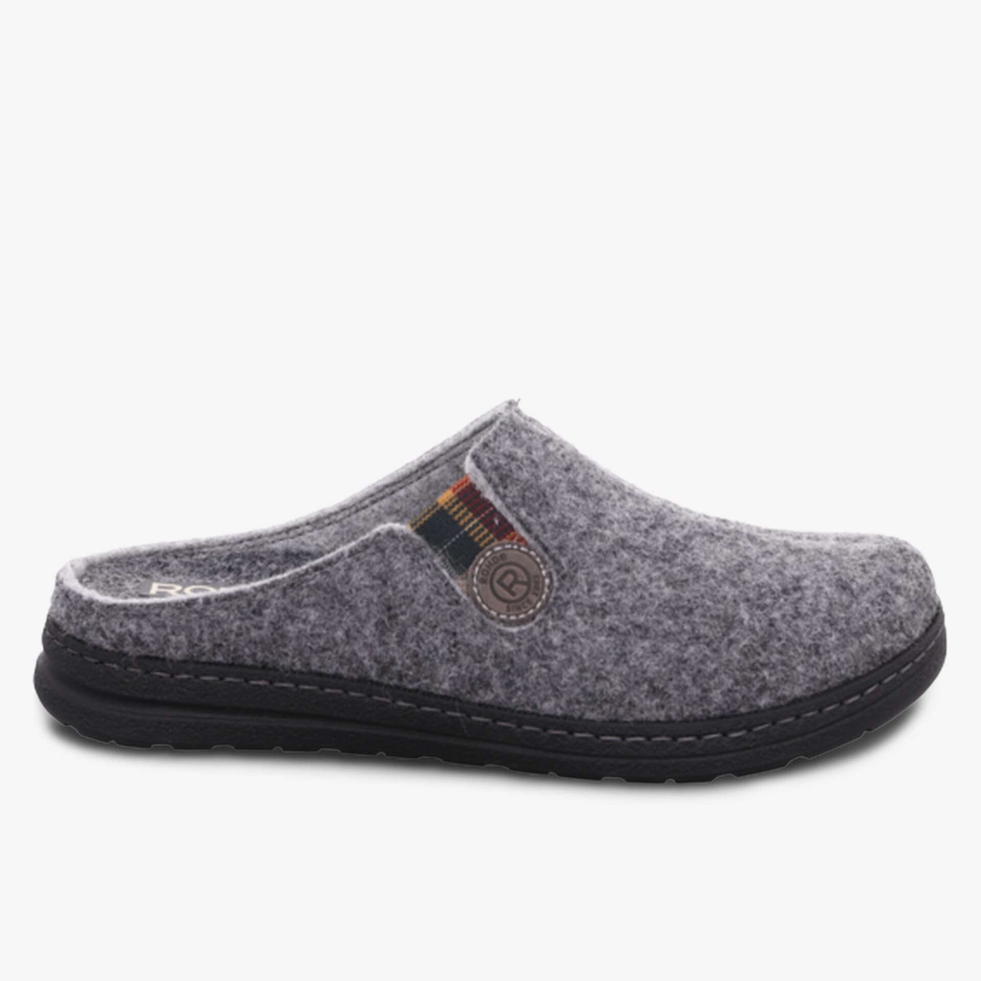 Bequemer grauer Filzhausschuh mit elastischem Einsatz und rutschfester Laufsohle für warmen Tragekomfort
