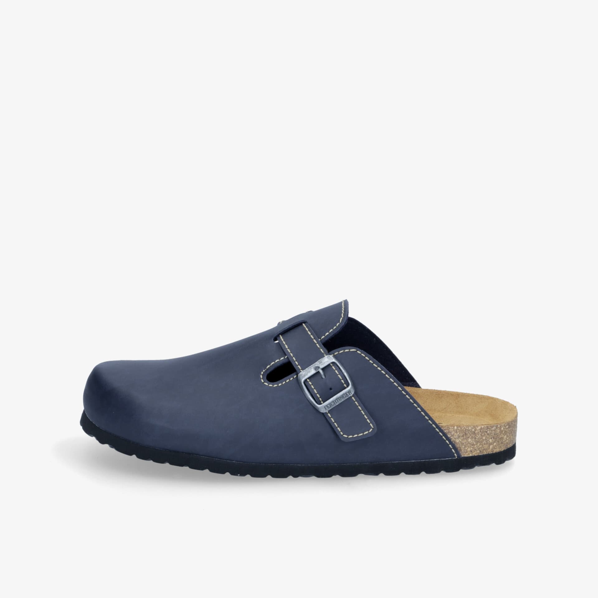 Bequemer blauer Clog mit verstellbarer Schnalle und ergonomisch geformtem Fußbett für optimalen Tragekomfort.