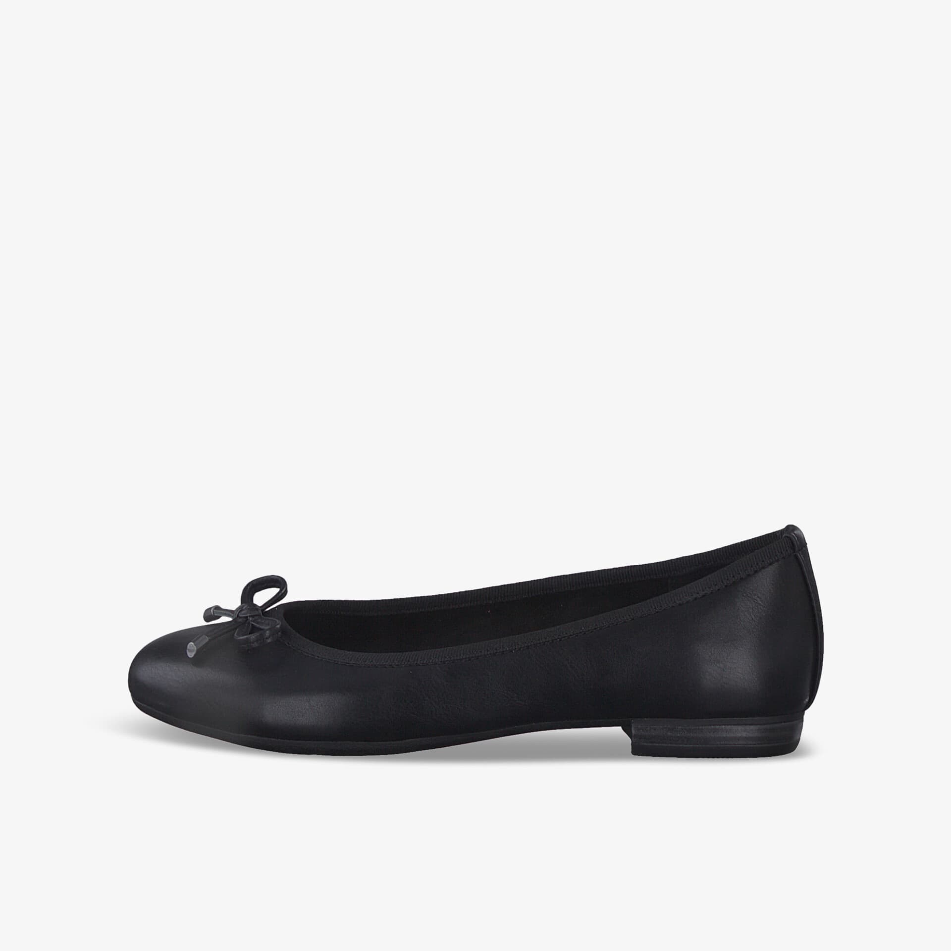 Eleganter schwarzer Ballerina-Schuh mit Schleifendetail und flacher Sohle für komfortablen Stil.