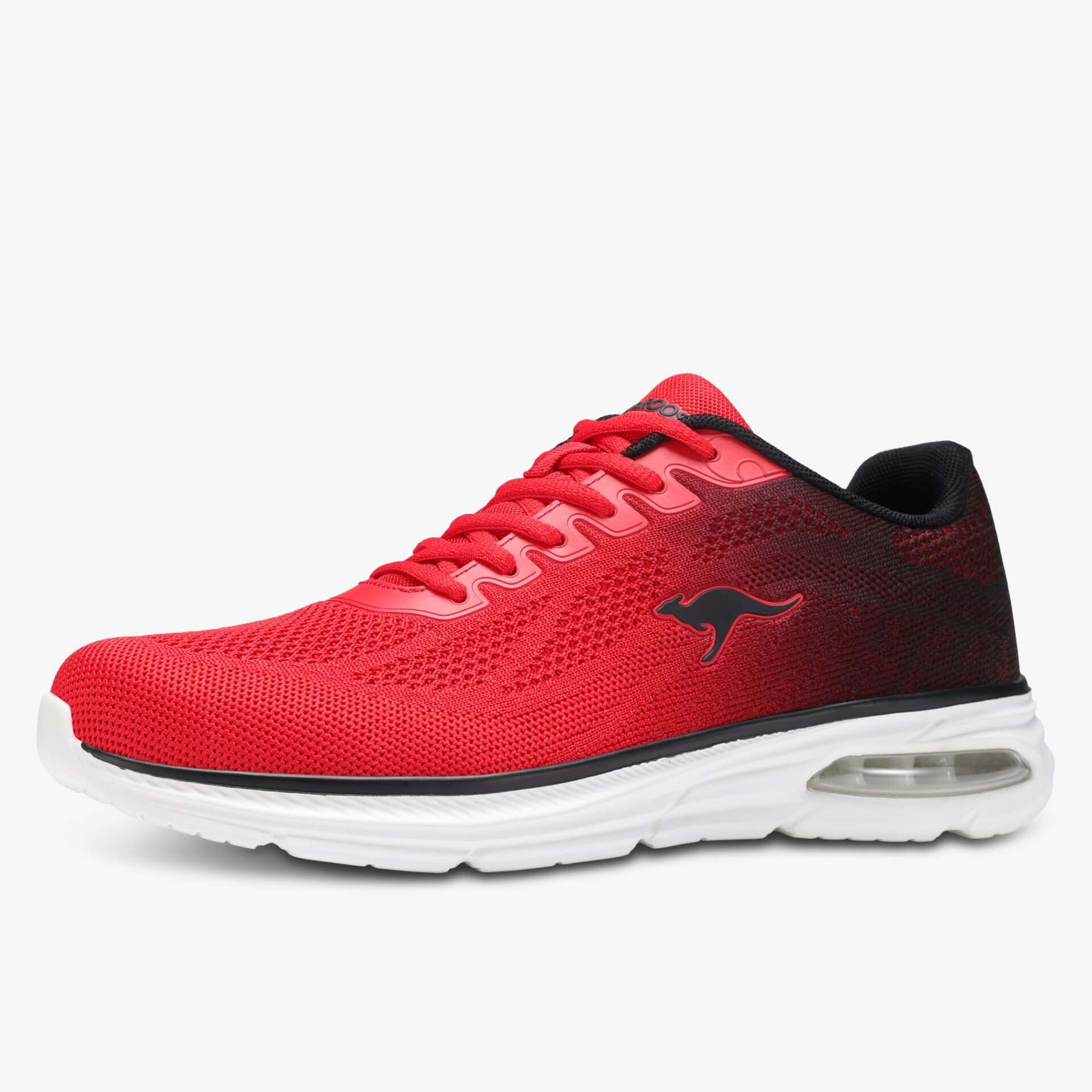 Roter atmungsaktiver Sportschuh mit Luftpolstersohle und komfortabler Dämpfung, seitliche Ansicht