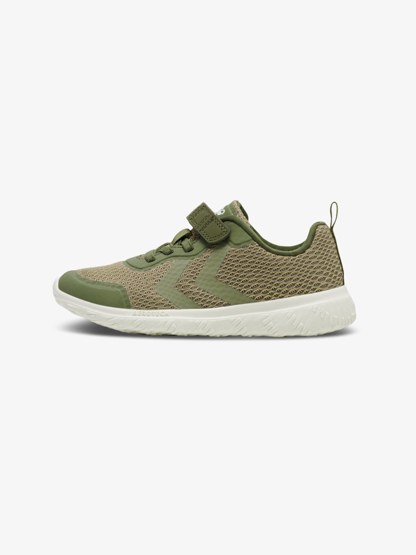 Grüner Sneaker mit Klettverschluss und bequemer weißer Sohle, seitliche Ansicht