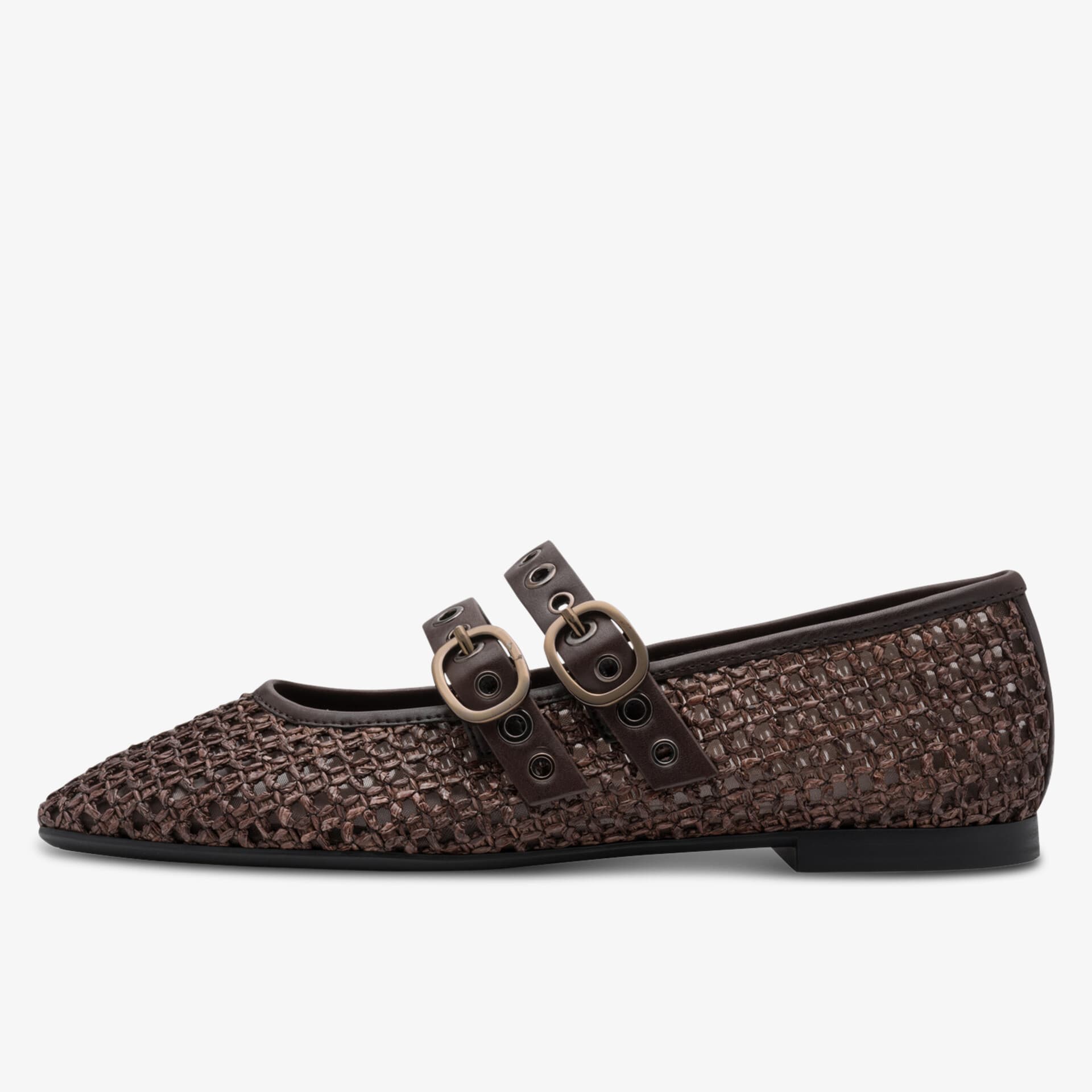 Flacher Schuh mit spitz zulaufender Form und modischem geflochtenem Design, verstellbare Riemen mit Schnallen