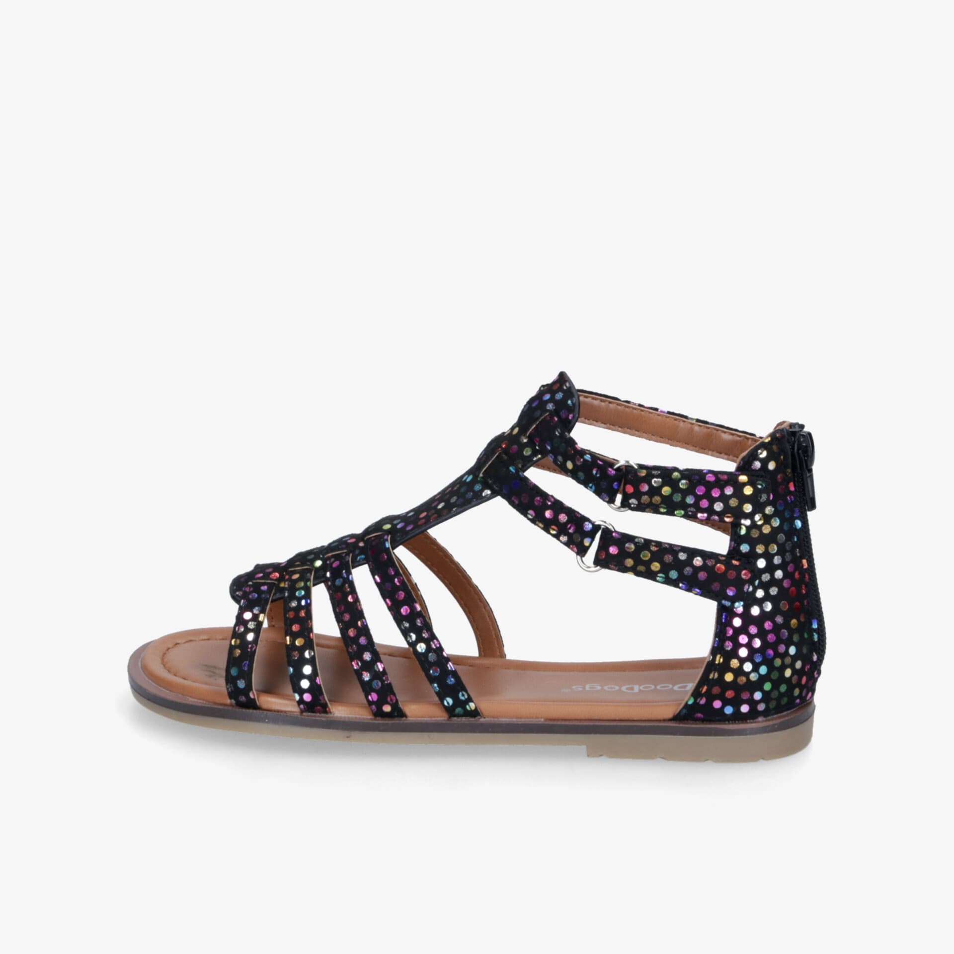 Seitliche Ansicht einer flachen Sandale mit funkelnden Glitzerelementen und bequemem Riemchendesign