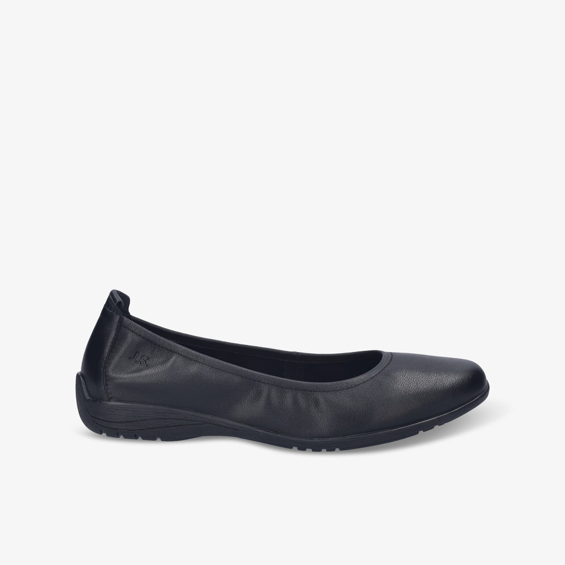 Schwarzer Ballerina aus Leder in klarer Seitenansicht mit bequemer, flexibler und rutschfester Sohle