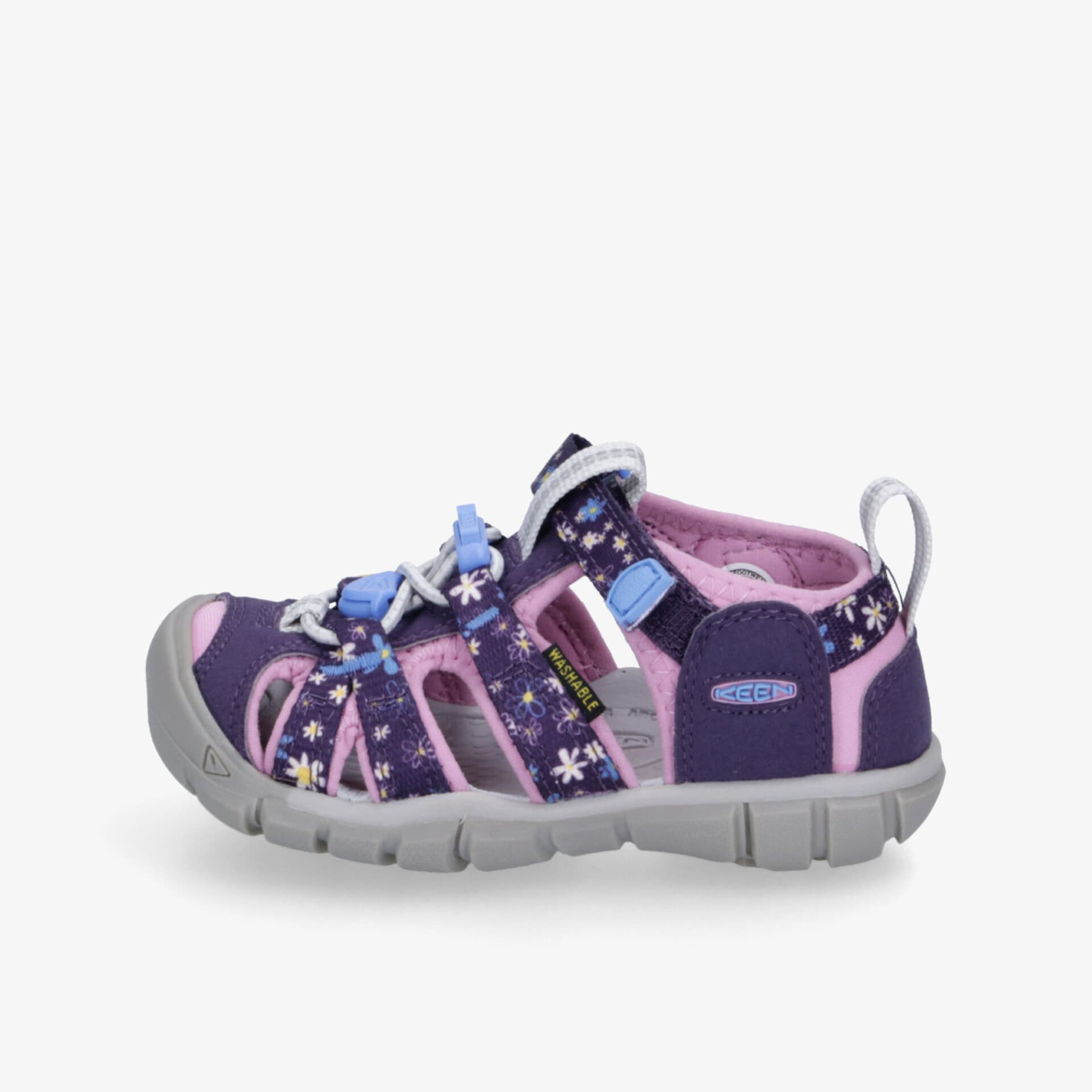 Seitliche Ansicht eines atmungsaktiven und flexiblen Kinderschuhs mit sicherem Halt und leichter Sohle