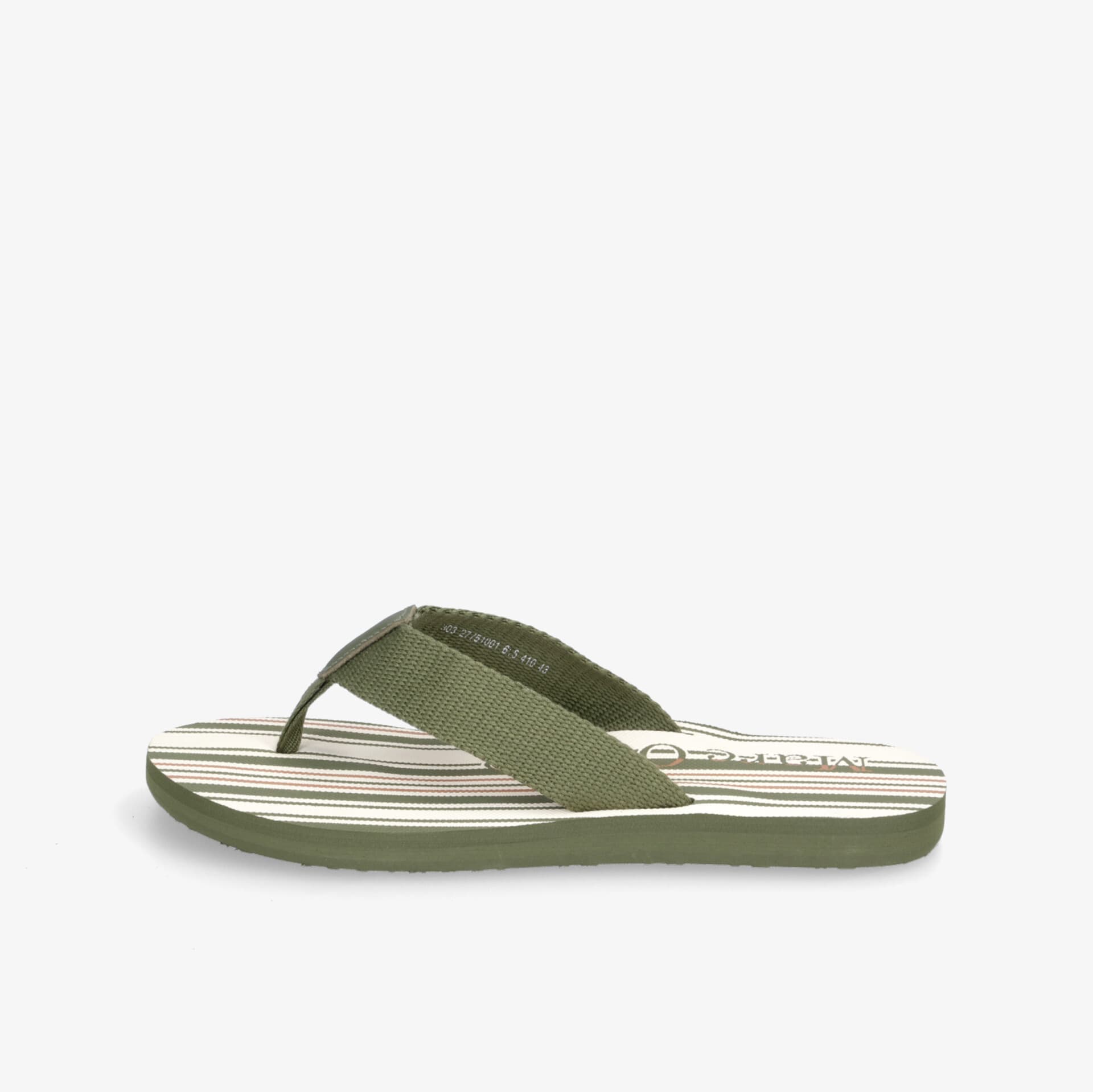 Bequeme grüne Flip-Flops mit gestreiftem Fußbett und rutschfester Sohle, ideal für den Sommer.