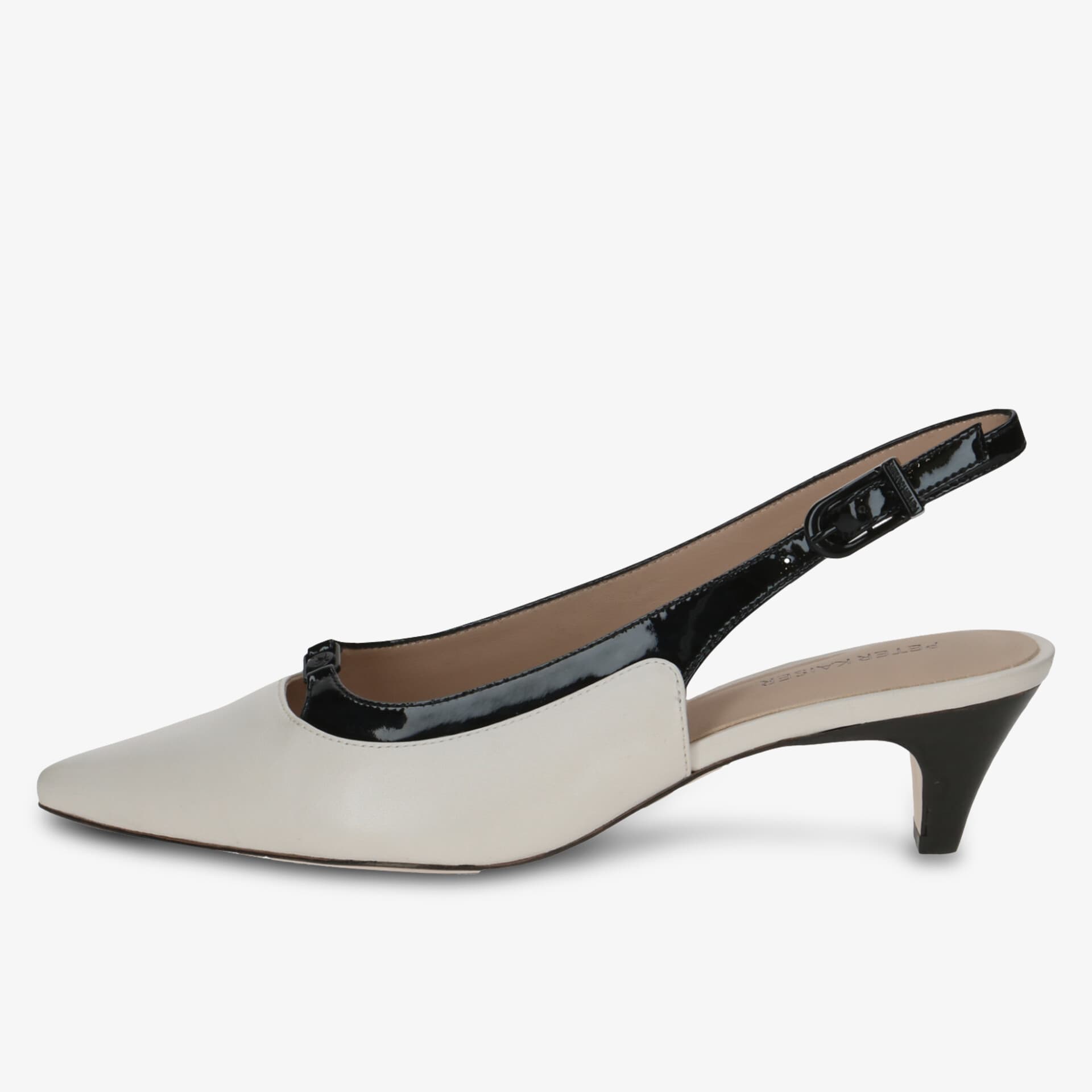 Eleganter zweifarbiger Slingback Pumps mit spitzem Vorderfuß und mittelhohem Absatz in seitlicher Ansicht