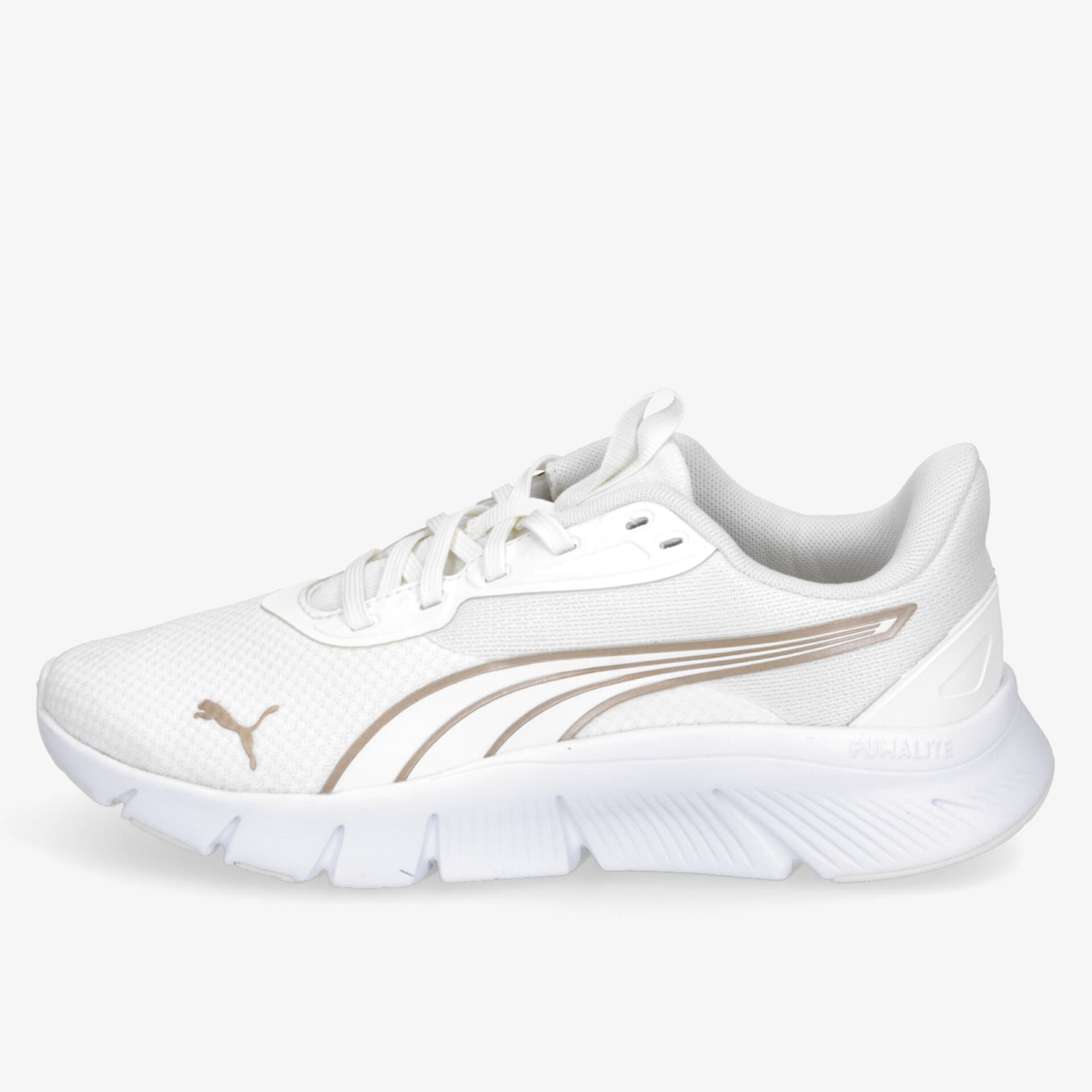 Moderner weißer Sneaker mit goldenen Akzenten und bequemer Passform, ideal für sportliche Aktivitäten.