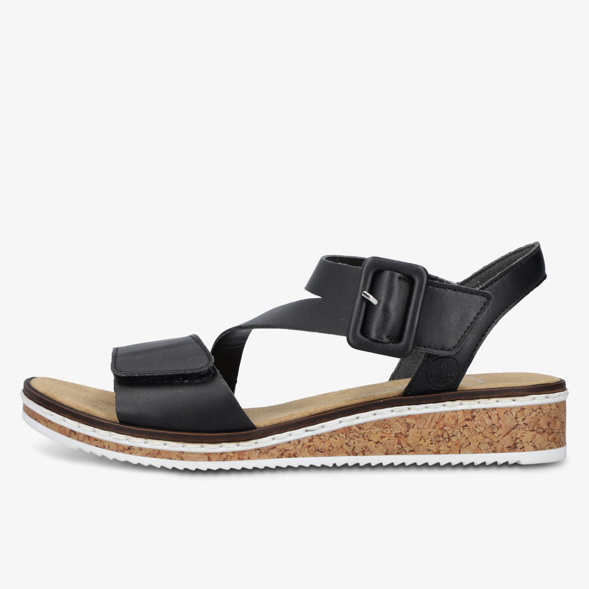 Bequeme schwarze Sandale mit verstellbarem Riemen und flexibler, leichter Korksohle, seitliche Ansicht