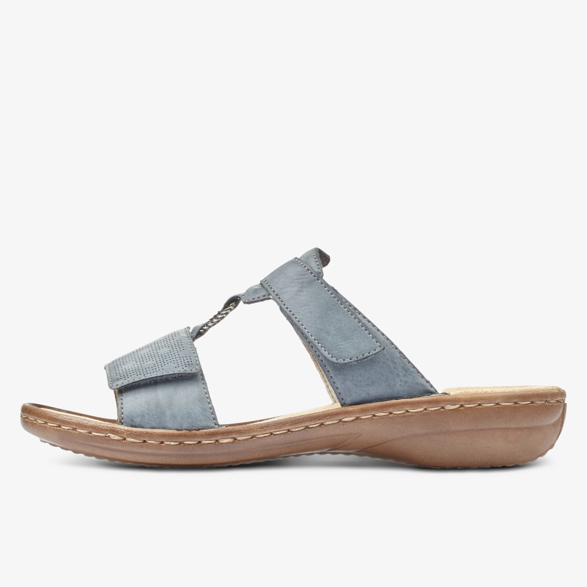 Seitliche Ansicht einer bequemen Sandale mit verstellbarem Riemen und gepolsterter Sohle