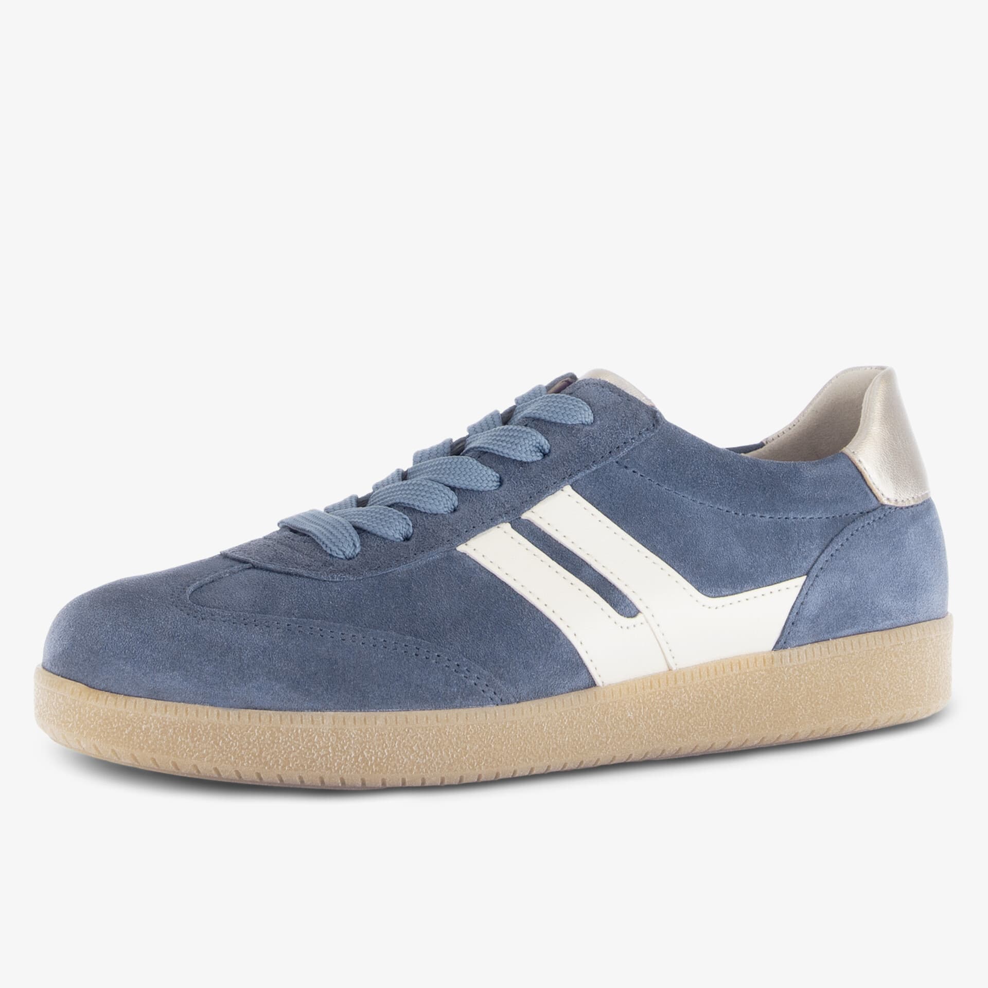 Blaue Sneaker mit weißen Streifen und beiger Sohle, sportlich und bequem.