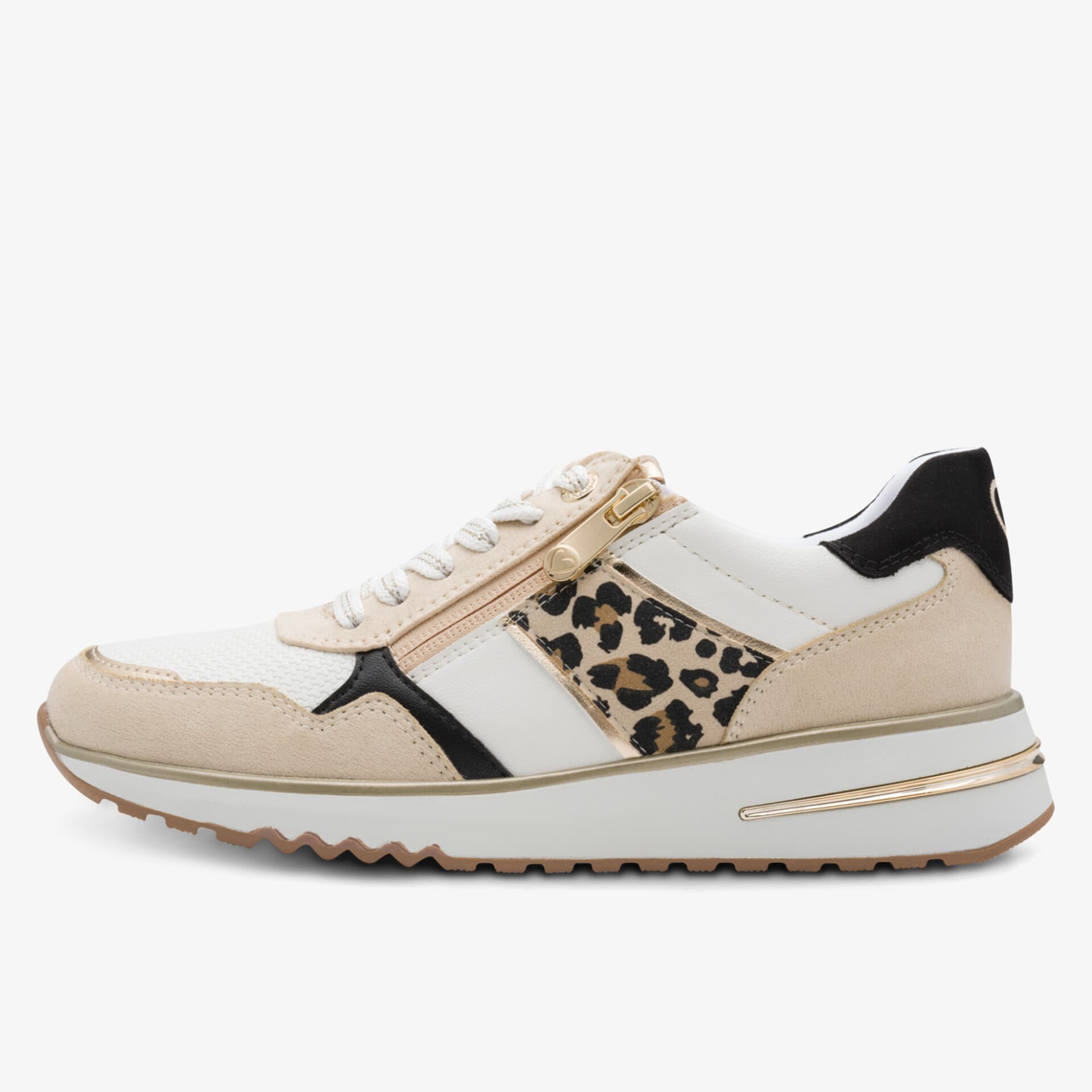 seitliche Ansicht eines modischen Sneakers mit Leopardenmuster und bequemer Sohle