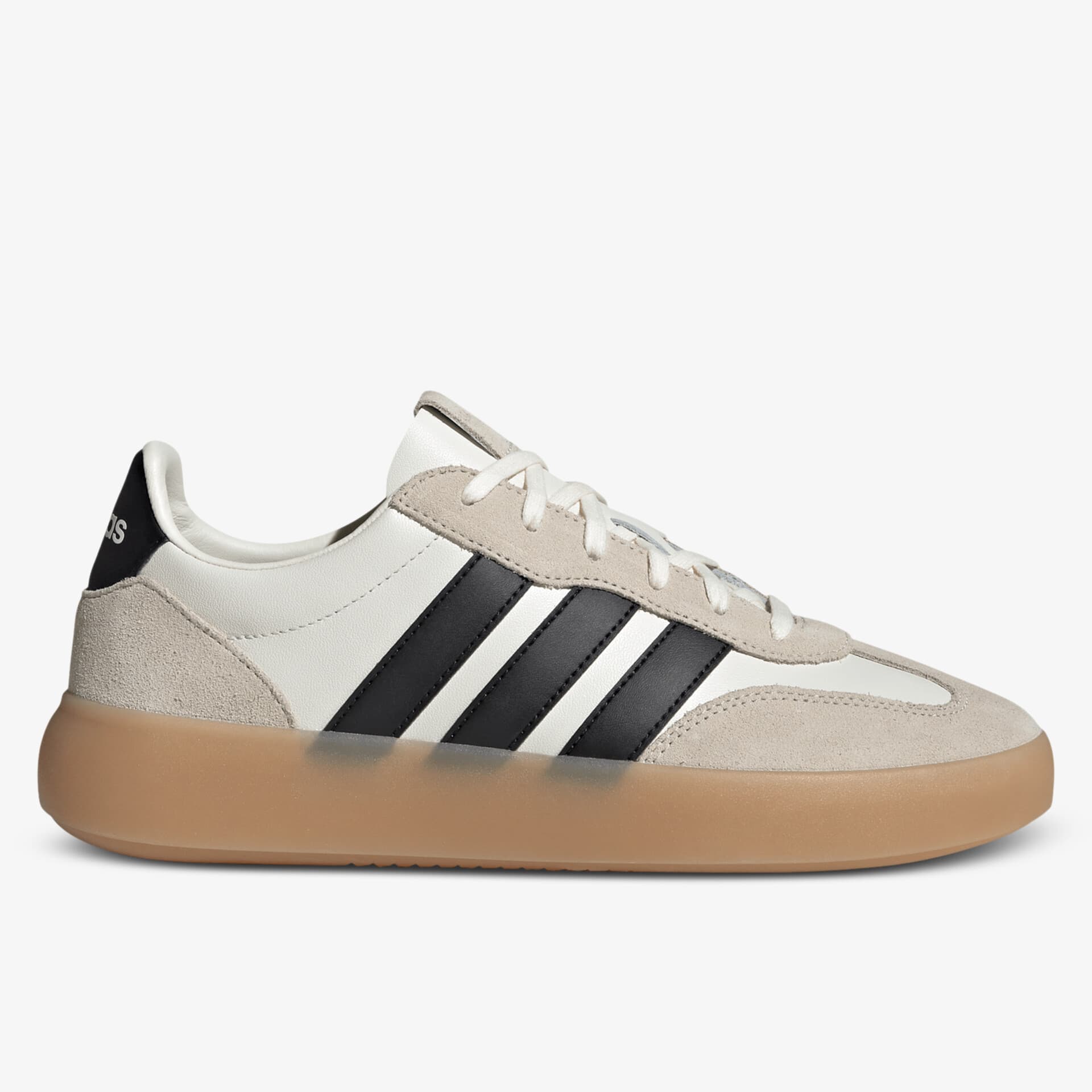 Moderner Sneaker mit seitlicher Ansicht, schwarzem Streifen und brauner Gummisohle für sportlichen Komfort