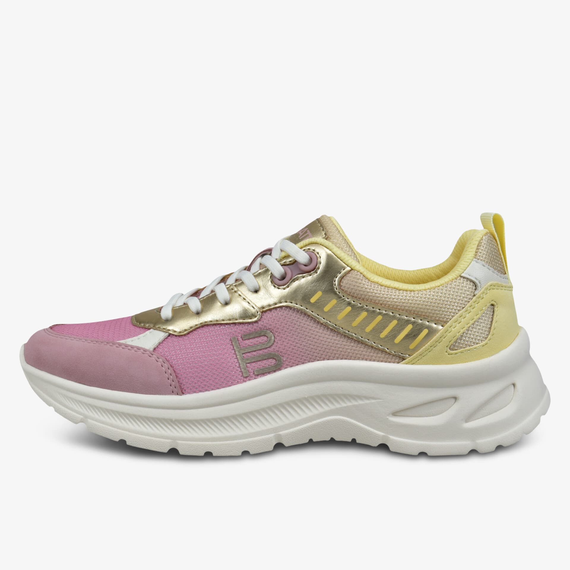 Sportlicher Sneaker in Rosa und Gelb mit dicker Sohle und modischem Design